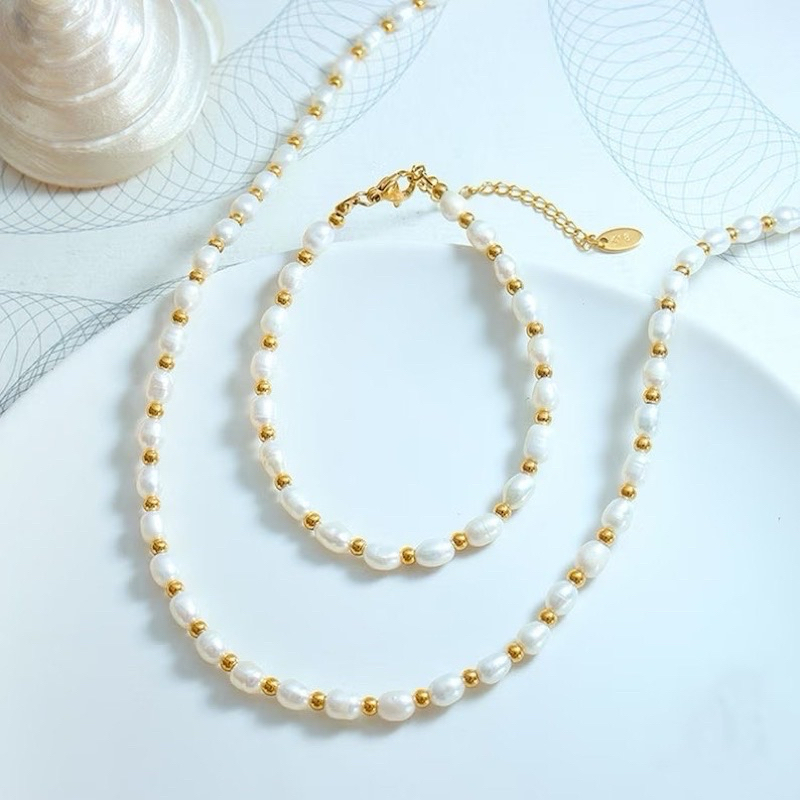 set gelang kalung rhodium mutiara air tawar asli lombok | pearl bracelet necklace