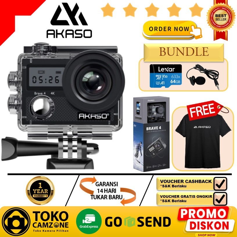 Akaso Brave 4 Action Cam Camera Wifi 4K Waterproof + Remote - Garansi Resmi