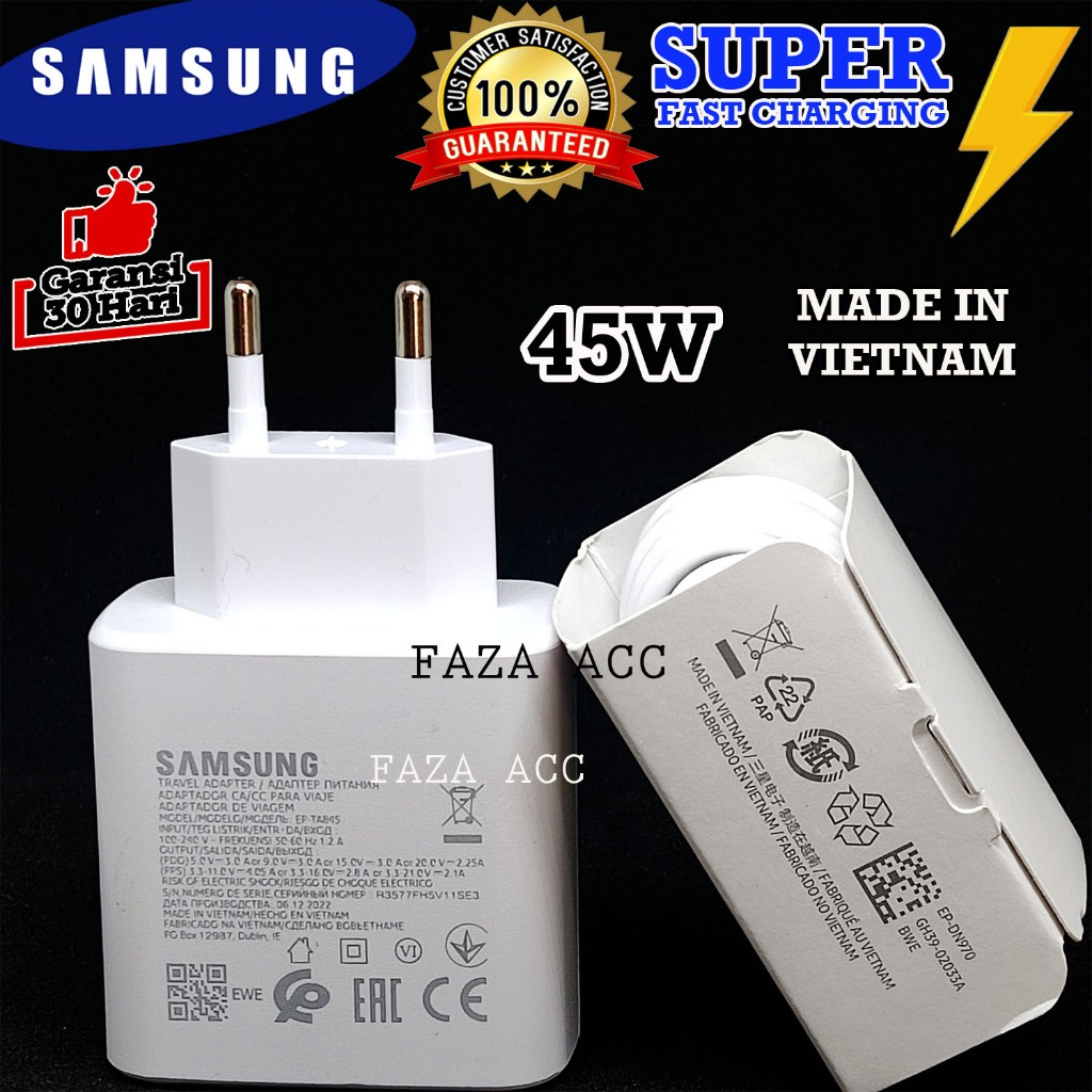 CHARGER SAMSUNG ORIGINAL 100% 45 WATT ASLI ORI SUPER FAST CHARGING / CEPAT /TYPE C TO TYPE C/TEPSI/ 