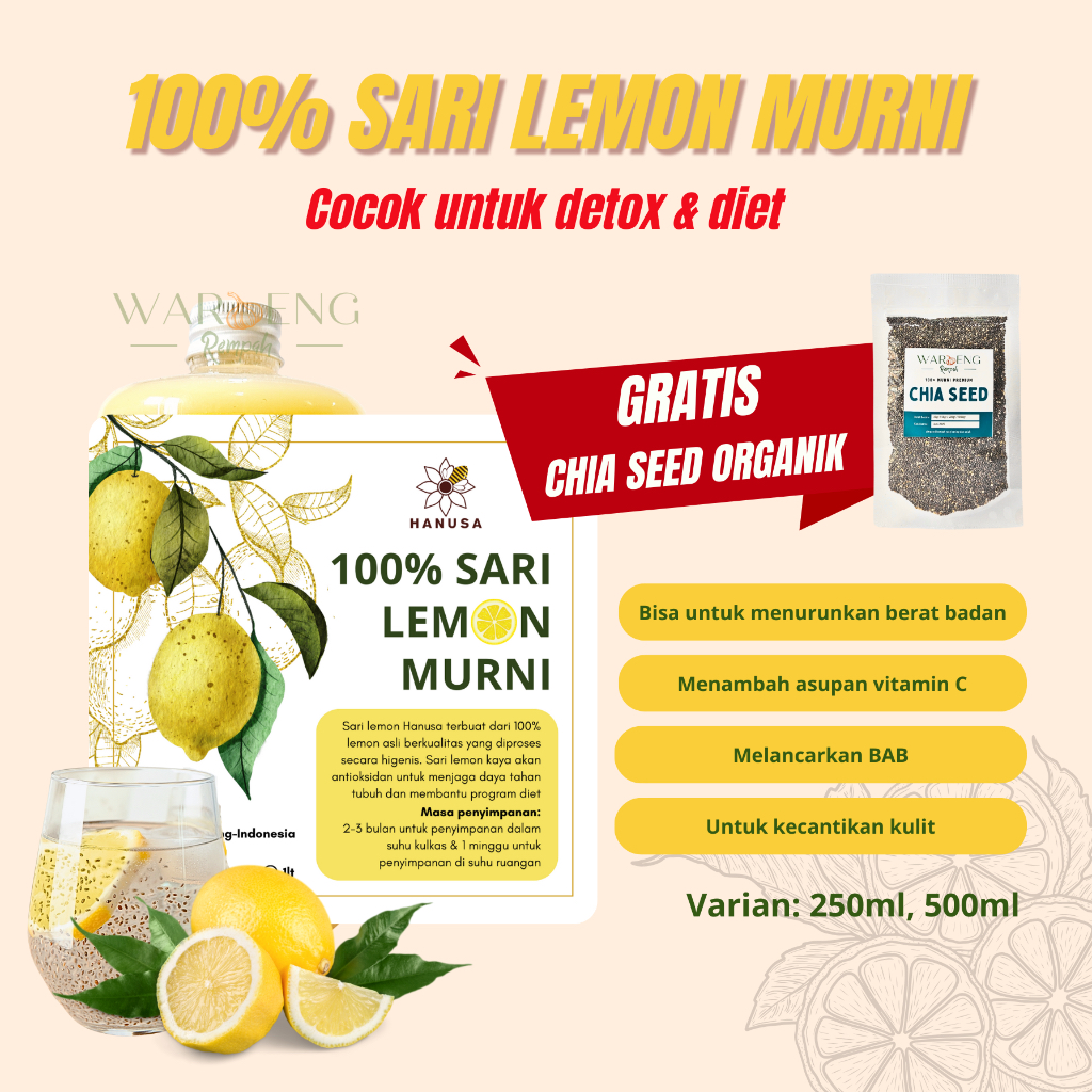 	 Hanusa - Sari Lemon Murni GRATIS BLACK CHIA SEED ORGANIK / Sari Lemon Asli Premium / Waroeng Rempah	