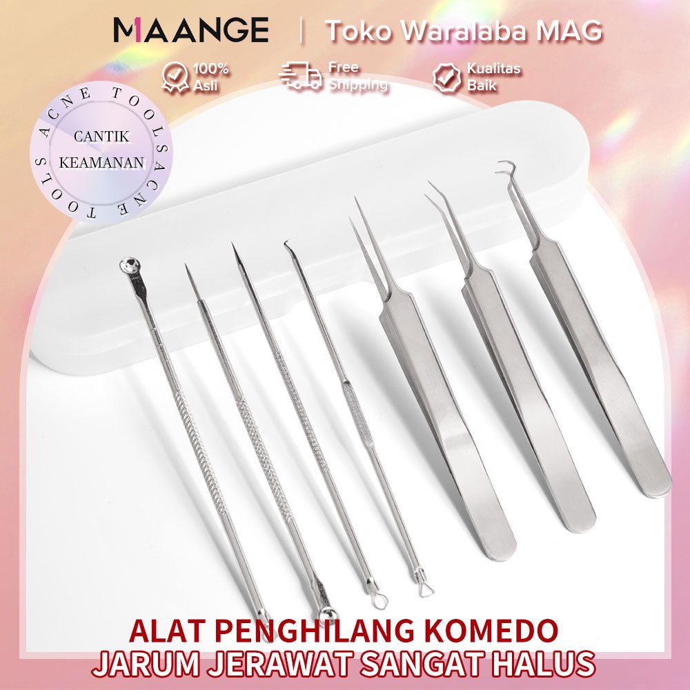 MAANGE 7Pcs/Set Pinset Komedo Stainlees Steel / Pinset Jerawat / Blackhead Tweezer Untuk