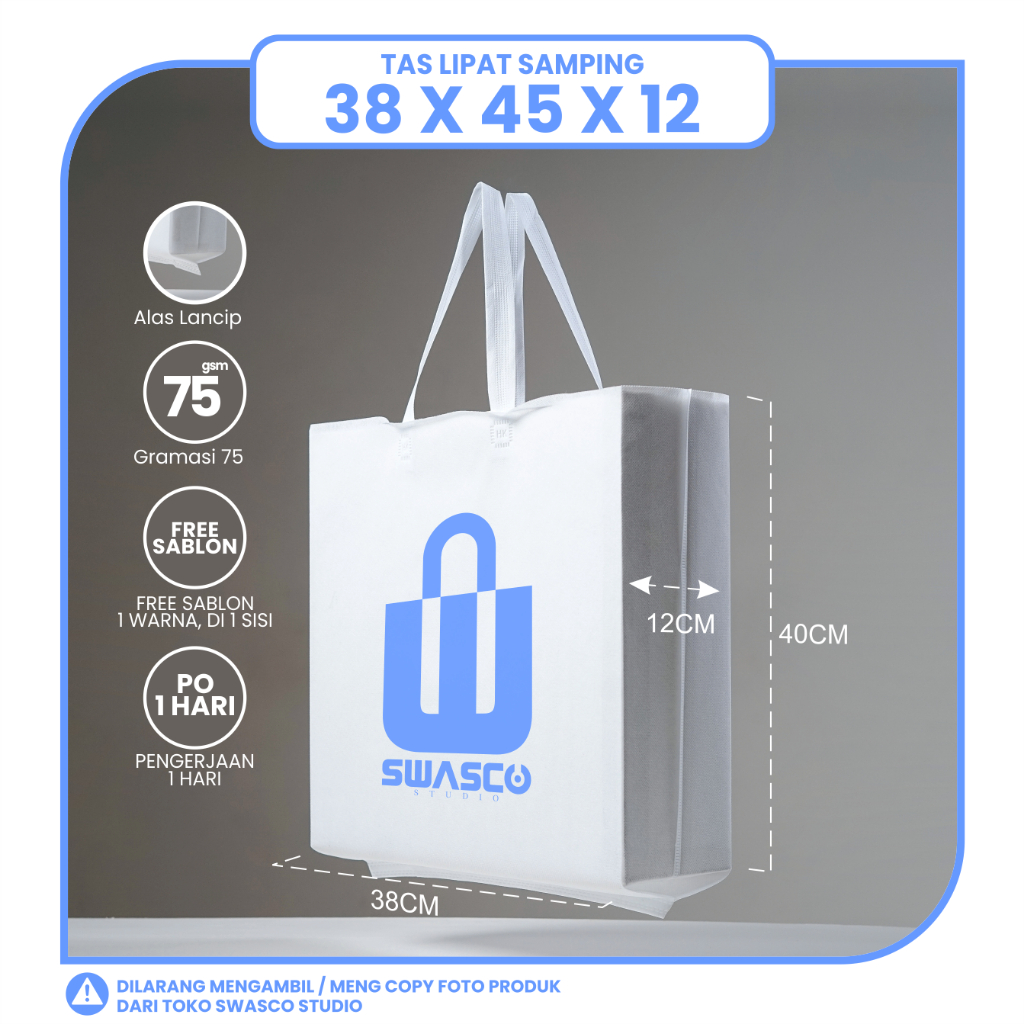 

TAS SPUNBOND LIPAT SAMPING 38X45 (SABLON COSTOM) UNTUK TAS SOUVENIR, SYUKURAN, MENGENANG, PROMOSI, BANSOS, CLOTHING, LEMBAGA DLL