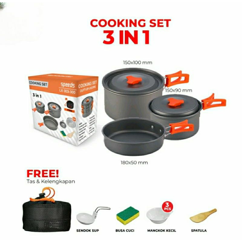 ALAT MASAK CAMPING GUNUNG (NESTING), COOKING SET 3 IN 1