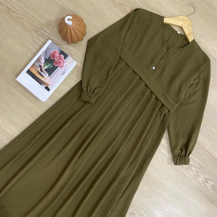 Abaya Dress Lebaran Idul Fitri Simpel Polos Warna Army Armi Elegan Kasual Terbaru 2024 Kekinian Jumb