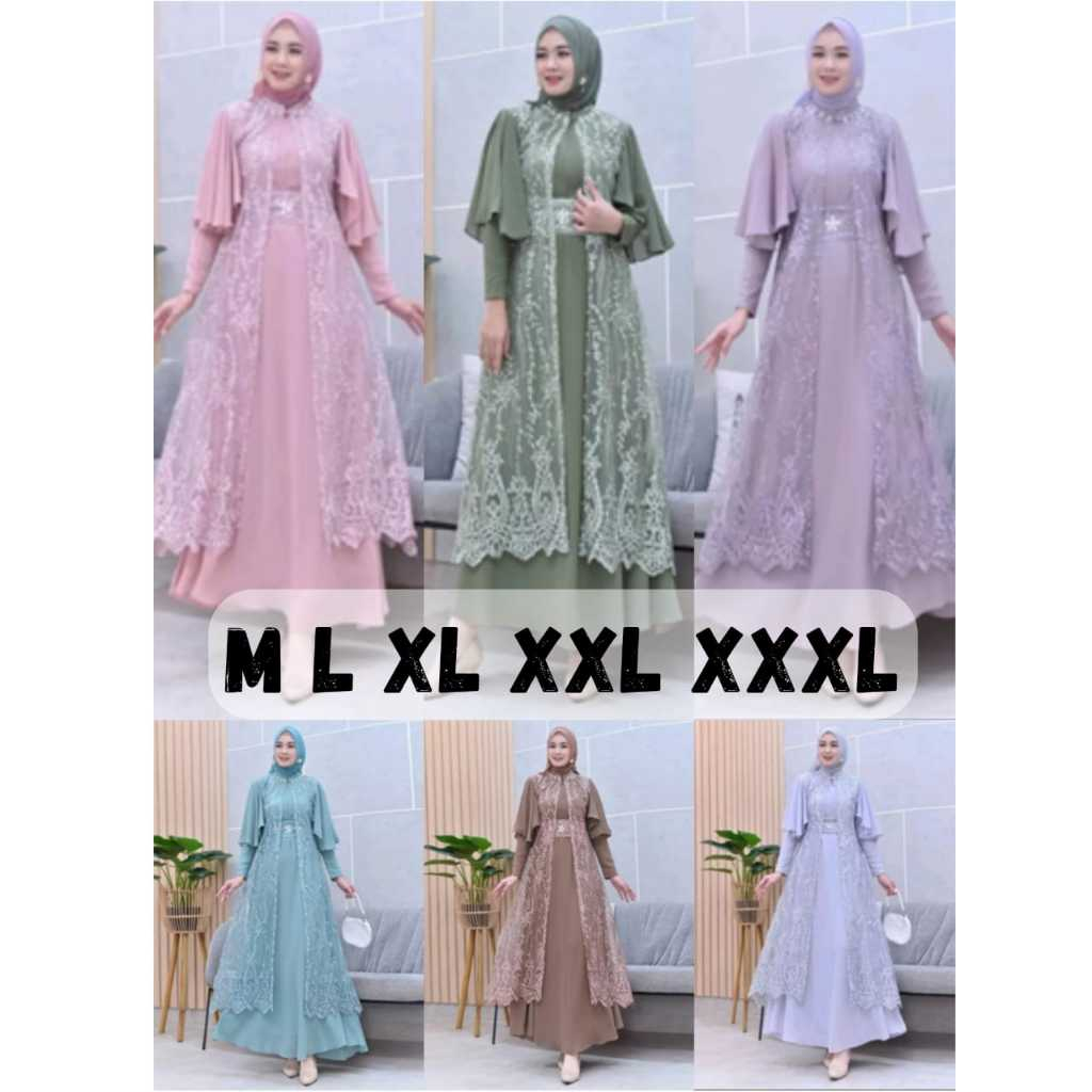 Gamis Wanita kekinian Janeeta Dress Bahan Ceruty MiX Tile Brodir Aplikasi Payet Free Outher Gamis Wa