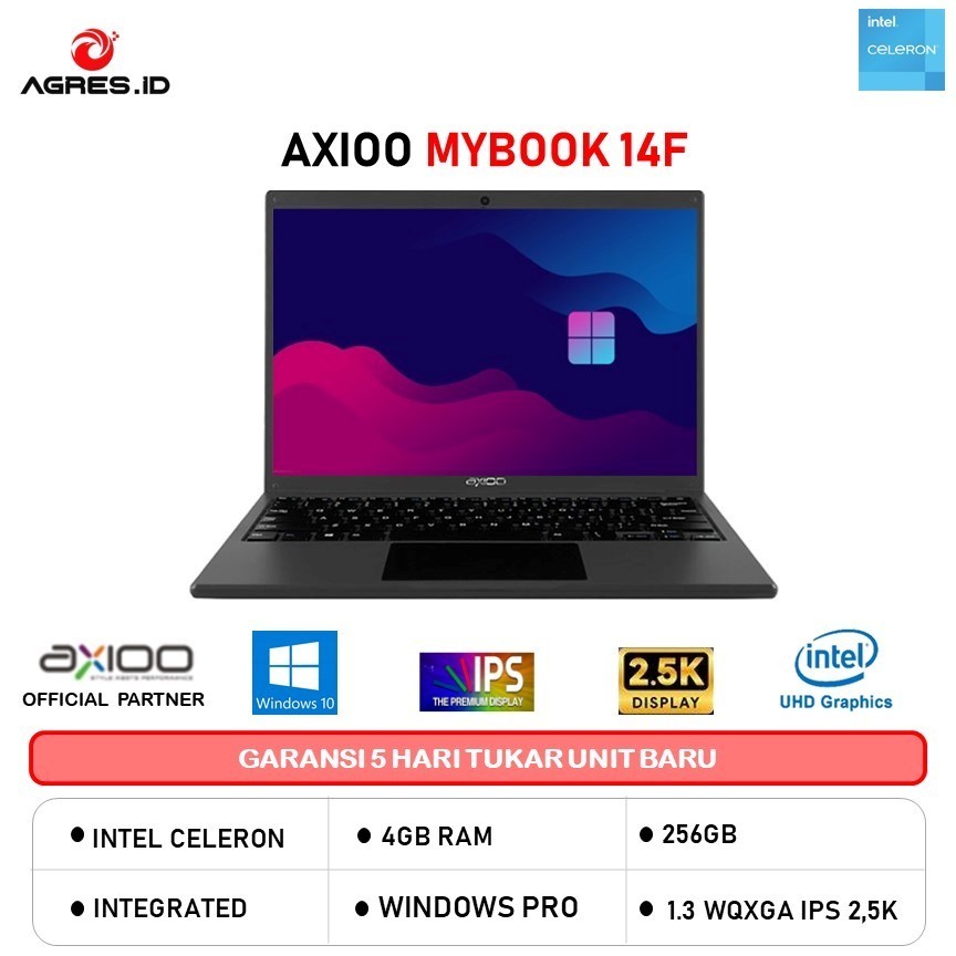 AXIOO MYBOOK 14F CELERON 4GB 8GB 128GB 256GB W10+OFFICE PERMANEN 13.3WQXGA IPS 2.5K GRY