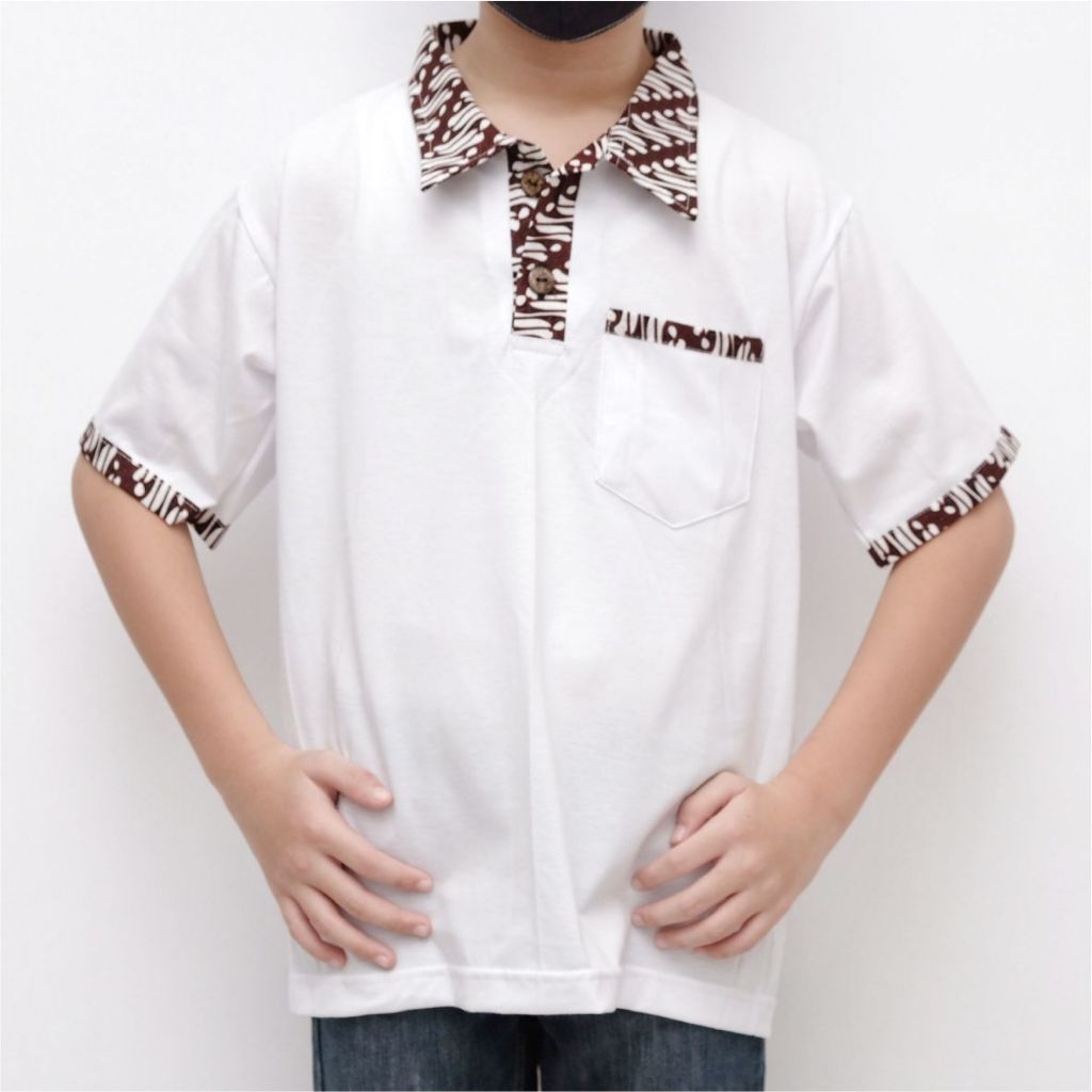 Kaos Krah Polo Batik Anak Unisex Lengan Pendek Wrna Putih Premium Sari