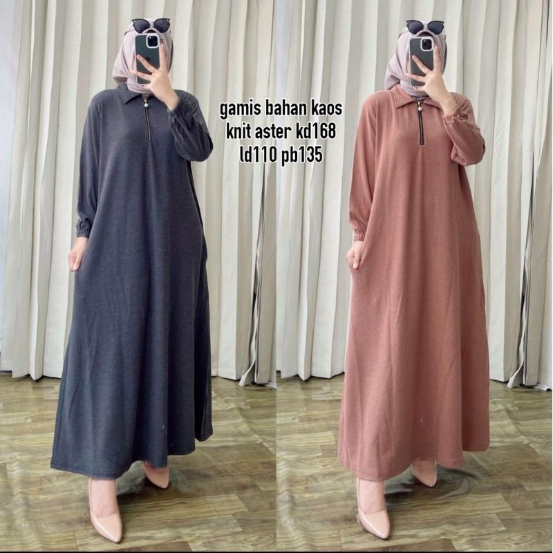 gamis gaun panjang wanita knit aster bahan kaos Katun Polos Hitam Cokelat Navy Hijau