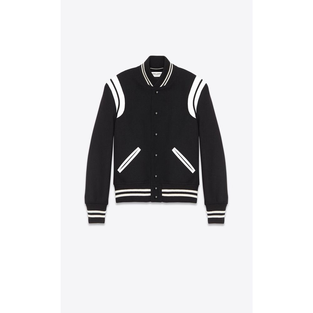 Black wool patchwork gray white leather baseball jacket