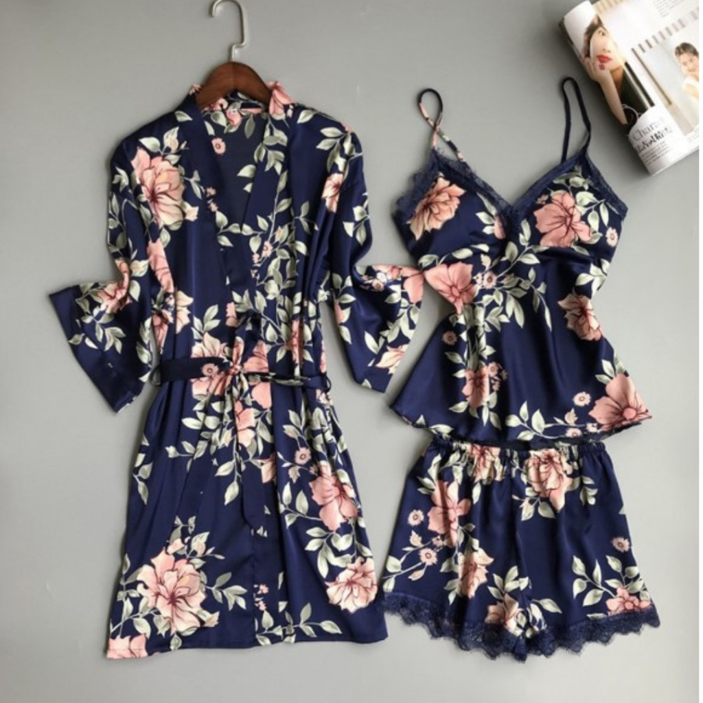 Setelan Baju Tidur Lingerie Kimono Satin Set Tanktop dan Celana Pendek 3in1 Motif Bunga Cantik