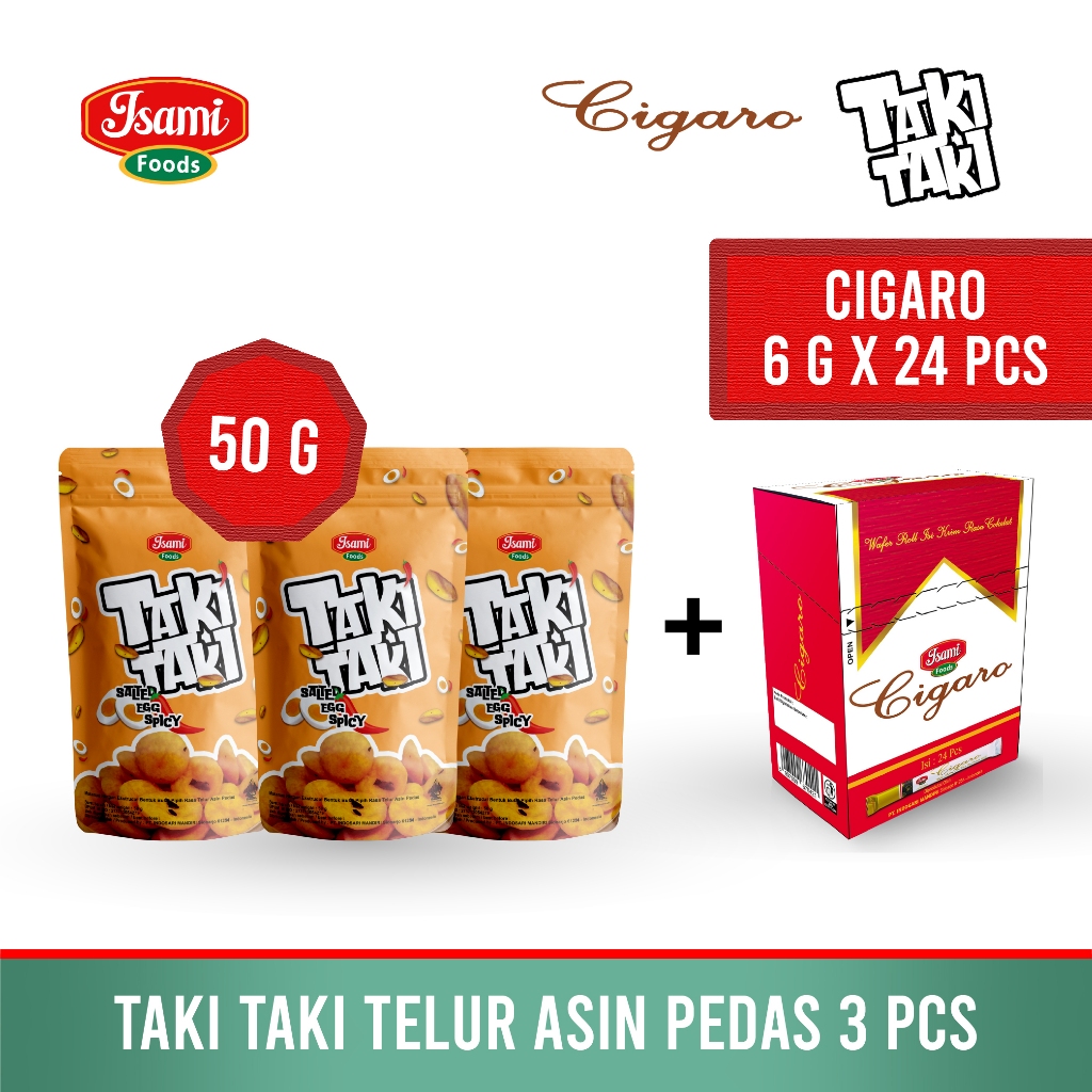 Paket Cemilan Murah (Taki Taki Salted Egg Spicy 50 gr x 3 pcs + Cigaro Wafer Roll Isi Krim Cokelat 6