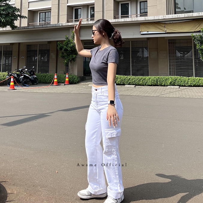 HW CARGO LOOSE JEANS WHITE  JEANS CARGO WANITA KEKINIAN WARNA PUTIH  CELANA PANJANG JEANS CEWEK KORE