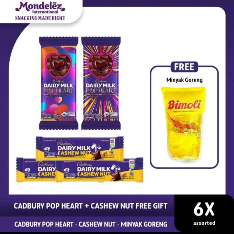 cadbury dairy milk pop heart 150gr dan cadbury cashew nut 62gr free minyak 1L atau gula 1kg