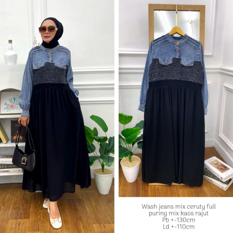 11.11 Midi Dress Terlaris | Lady Midi Dress Jeans Premium Mix Ceruty Full Puring+Kaos Rajut LD 110 c