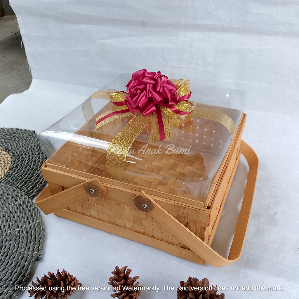 ( R25 ) (B055) R wadah hampers box Mika Tinggi 20cm, 25cm, 30cm Pita | rantang kotak anyaman bambu |