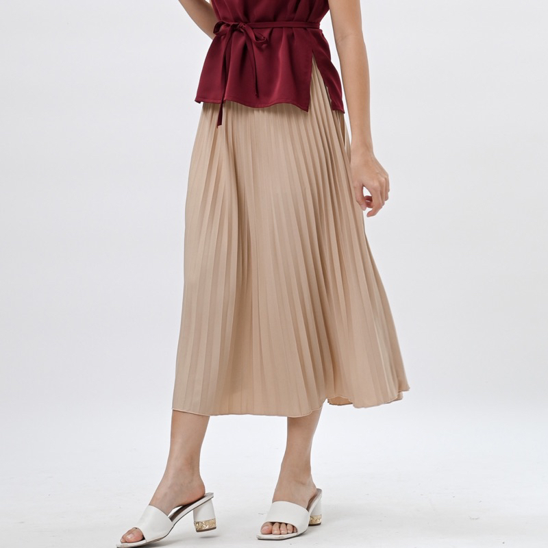 DAVLIN - Pleat Skirt in Cream / Rok Wanita Plisket Midi warna Krem