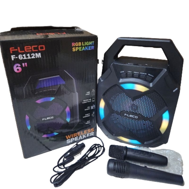 Speaker Bluetooth 6" Fleco F-6112M Bonus 2 Mic Salon Aktif Portable Radio FM Speaker Wireless Karaok