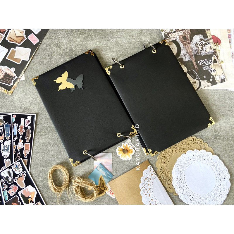 

PAKET SCRAPBOOK HITAM & ISI LENGKAP HARDCOVER A5 (15x21cm) (kertas decor, kupu2, kartu ucapan, stiker, tali rami)