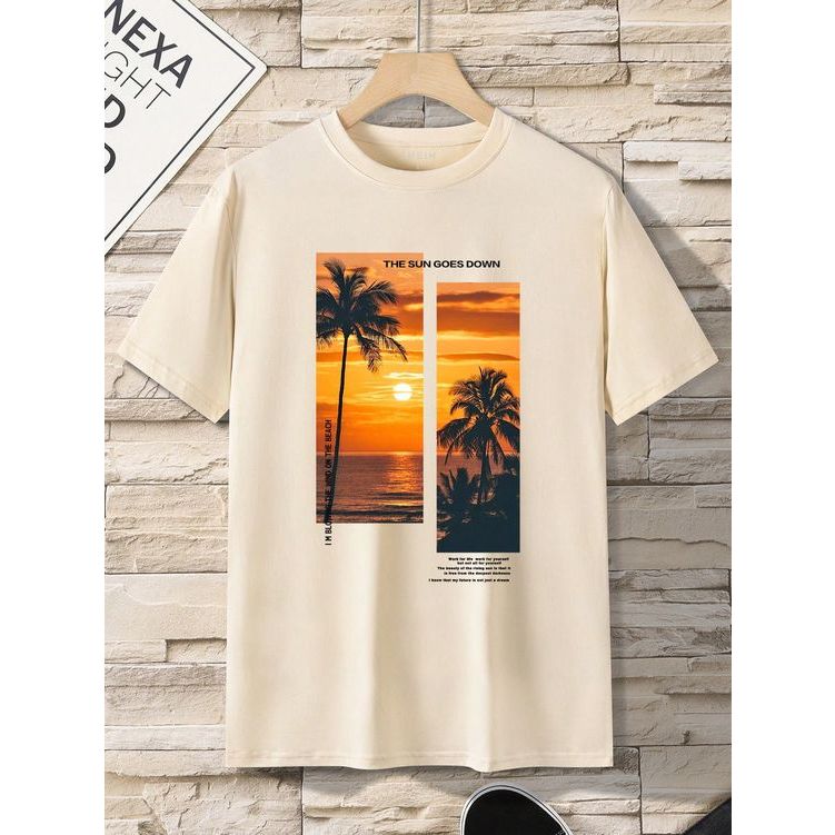 Kaos Distro Pria Motif Aesthetic SunSet Warna Cream | Kaos Pria Wanita | Kaos Distro simpel Polos