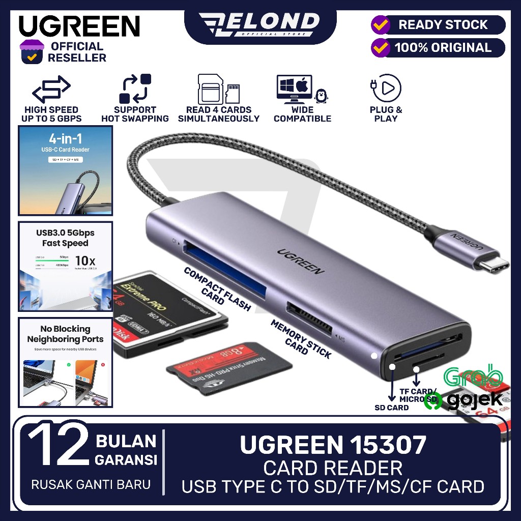 Card Reader Type C UGREEN 15307 untuk Laptop, iPad, iPhone, Samsung, Huawei, Oppo untuk Hardisk, Fla