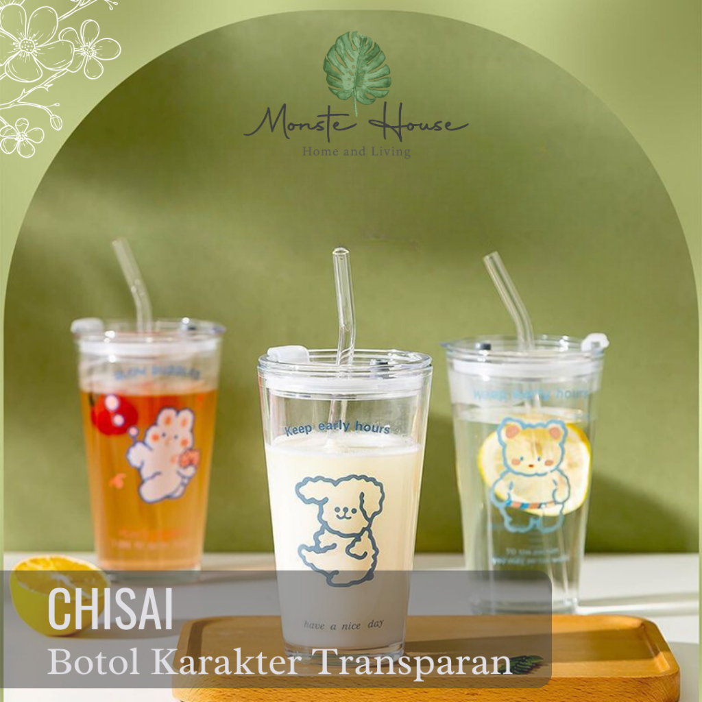|MONSTE| CHISAI Botol Coffee And Tea Transparan Botol Karakter Minum Premium Tumbler Kaca Air Minum 