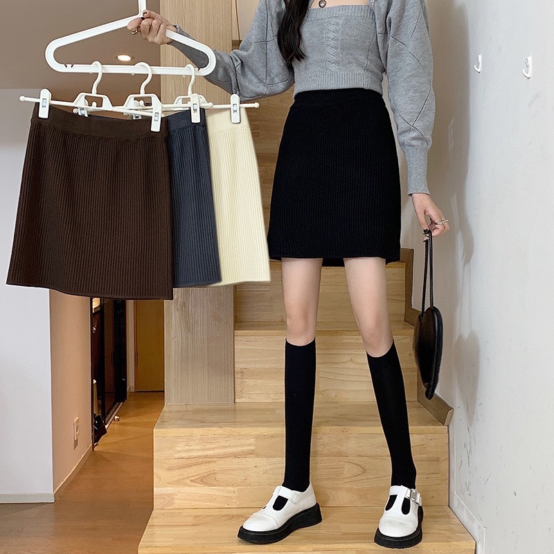 Rib Knit Mini Skirt Rok Span Rajut Polos Pendek Premium Import