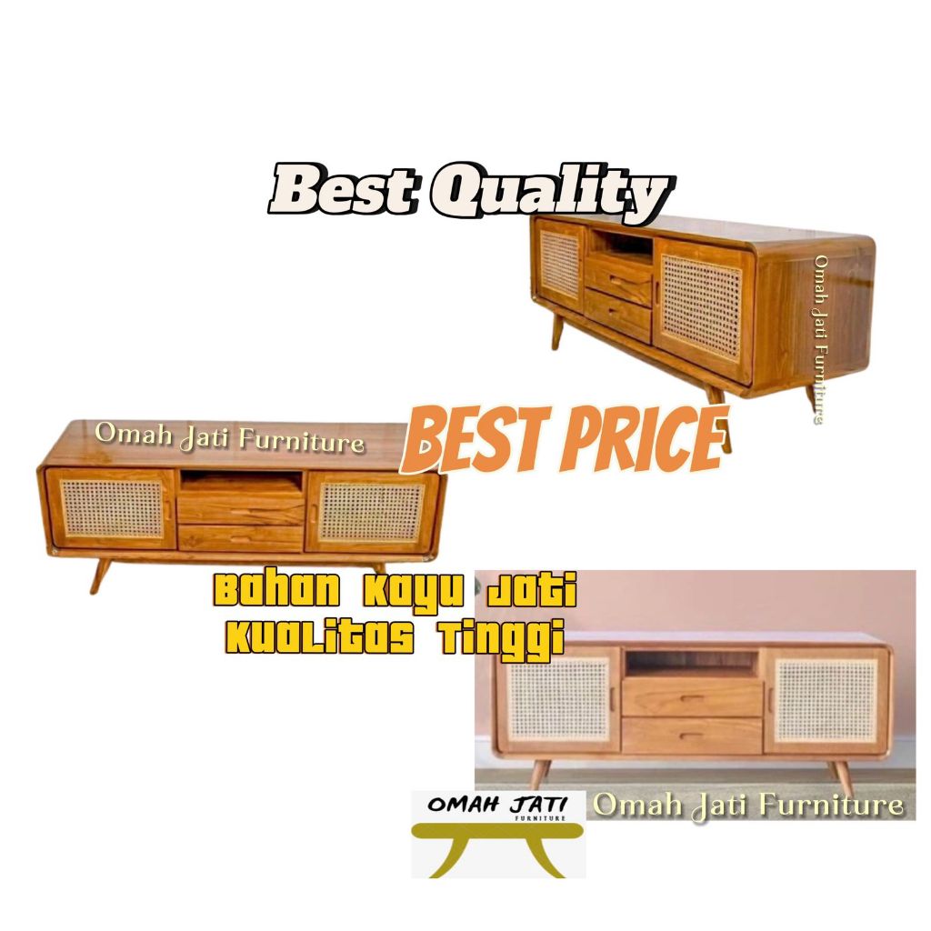 Bufet/CabinetTv Meja Tv Kayu Jati Minimalis Retro Pintu Kombinasi Rotan Laci 2 Bahan Kayu Jati Kuali