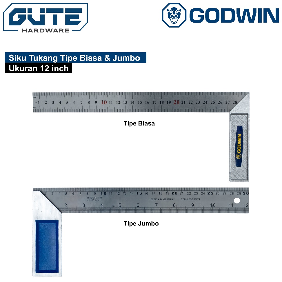 

ART C9I GUTE Penggaris Siku Tukang 3 cm 12 Inch GODWIN Stainless Steel