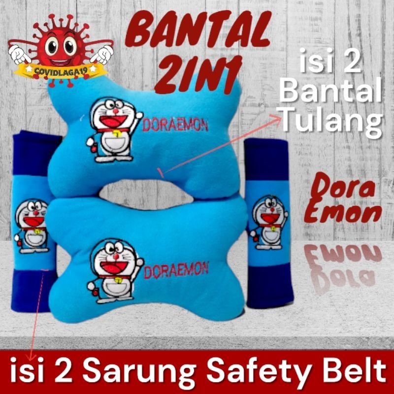 Headrest Car Set Doraemon 2in1 Bantal Mobil Set Karakter Doraemon Set Bantal Mobil 2in1 Karakter Dor