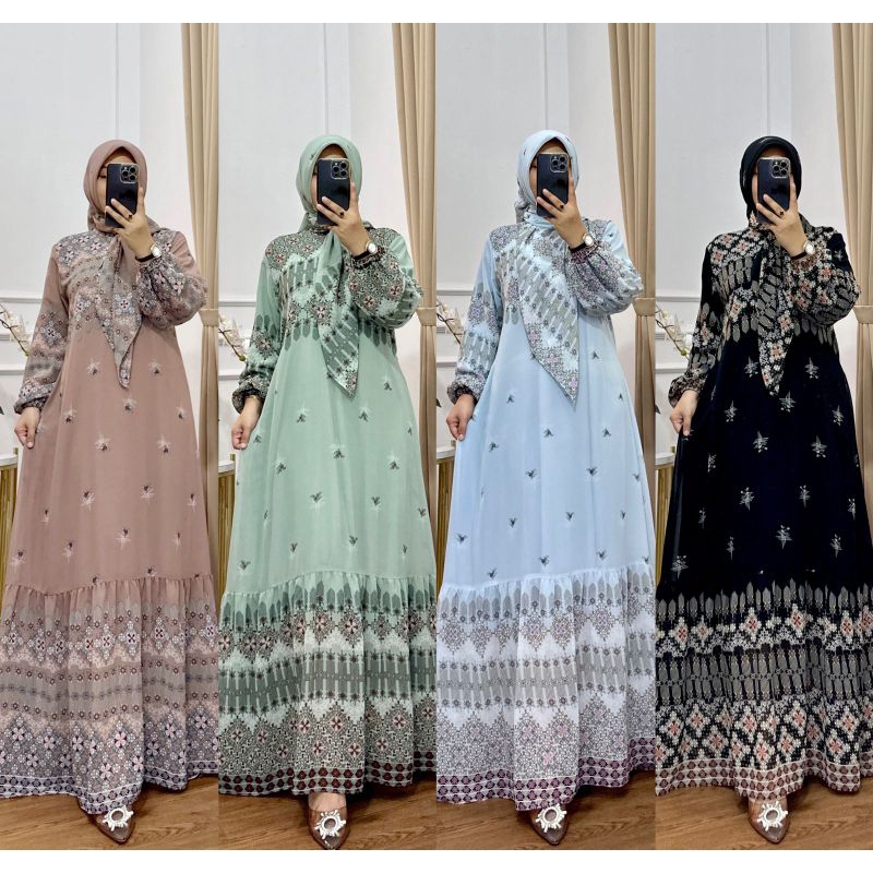 GAMIS CERUTY BORDIR AZALIA SET JILBAB BAHAN CERUTY PREMIUM FULL FURING BAHAN ADEM