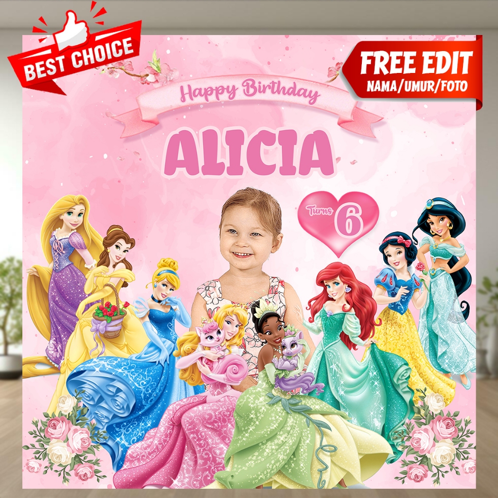 Princess Cinderella/Belle/Ariel/Jasmine/Rapunzel/Aurora/Tiana/Snow White Spanduk Ulang Tahun/Backdro