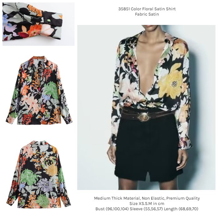35851 Kemeja Wanita Motif Bunga Color Floral Satin Blouse