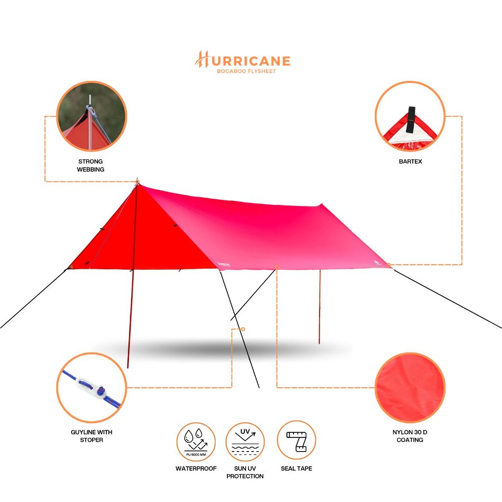 FLYSHEET BOGABOO HURRICANE 3X3 Meter NYLON 30D PU 5.000 100% anti air 19 LOOP FULL SEAL - TARPTENT -