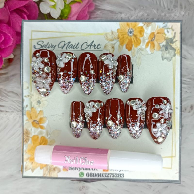 Kuku palsu wedding / Kupal wedding 3D / Kupal wedding merah maroon