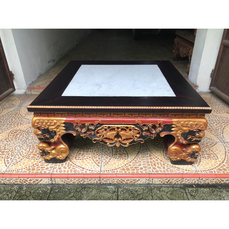 Meja Opium Persegi Marmer putih / marmer hijau jati Tua