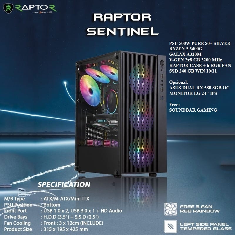 PC GAMING Fullset Ryzen 5 3400G 16 GB 3200 MHz VGA GB SSD 240 GB