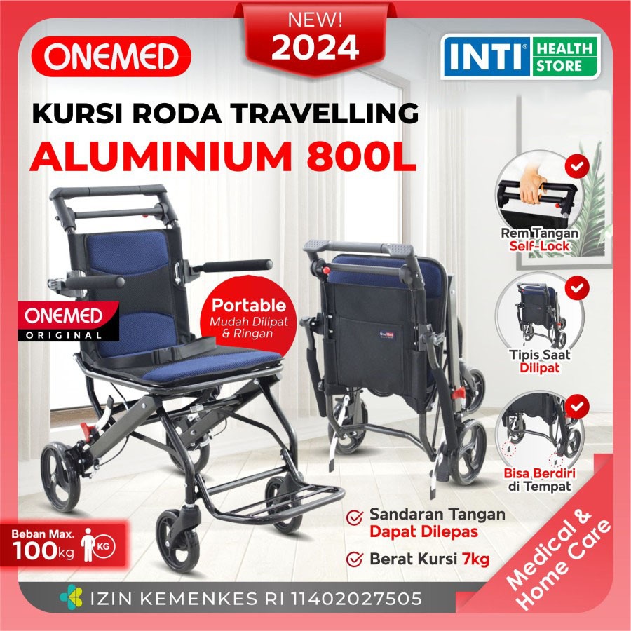 Onemed | Kursi Roda Travel Portable Aluminium 800 L + Handle Travelling