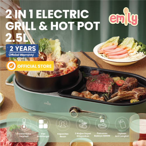 EMILY 2 in 1 Electric Grill and Hot Pot 2.5L | Panggangan BBQ| Alat Panggang Daging | Alat Pemanggang BBQ Grill Pan | Perebus Makanan
