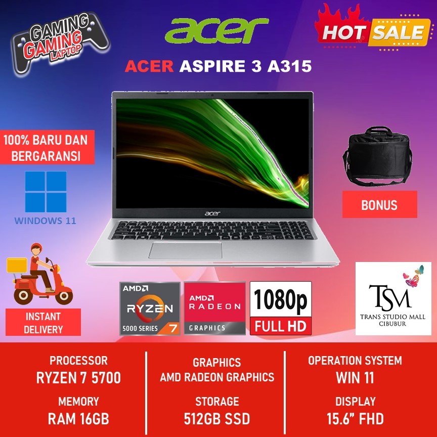 Laptop Acer Aspire 3 A315 Ryzen 7 5700 Ram 16GB 512SSD Windows 11 15.6" FHD