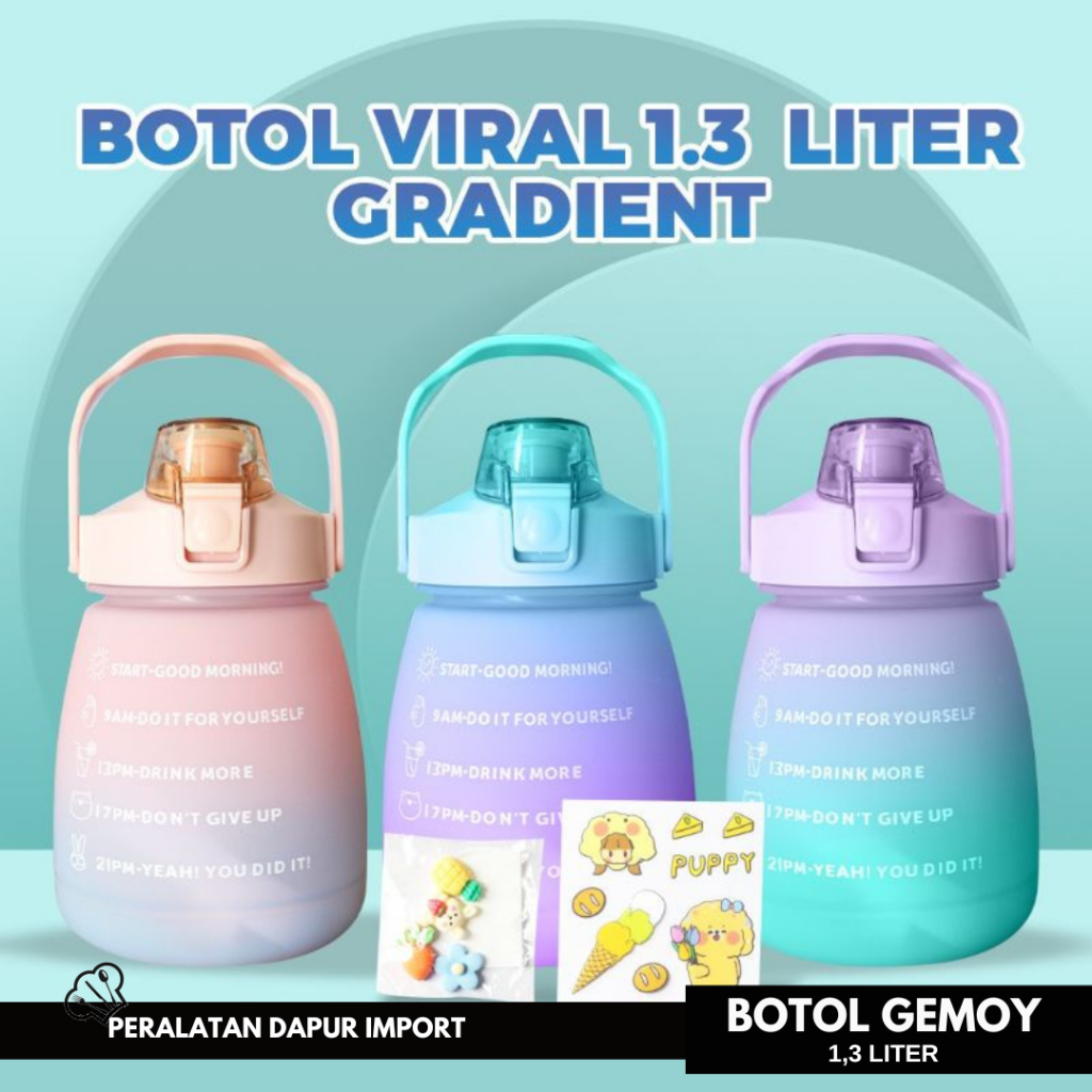 Botol air minum Motivasi 1,3 Liter Botol VIRAL GEMOY Gradasi Penanda Waktu Big Belly Doff