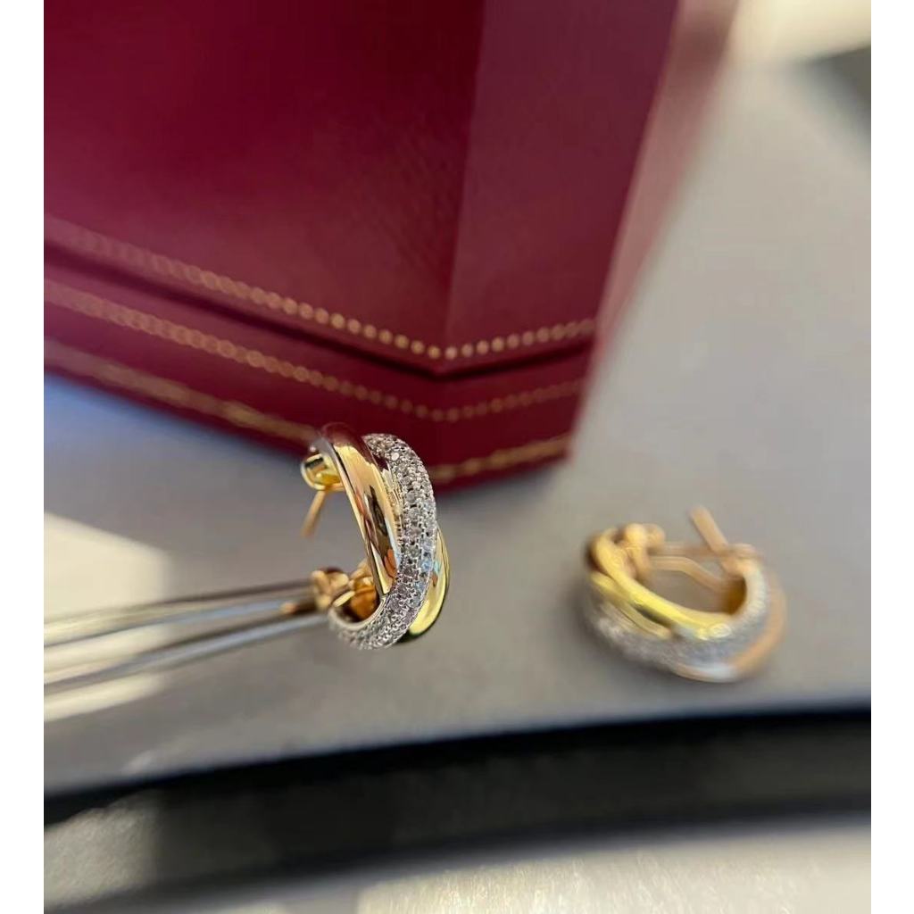 【17K / 750 emas asli】 anting tiga baris berlian tertutup tiga warna tiga anting