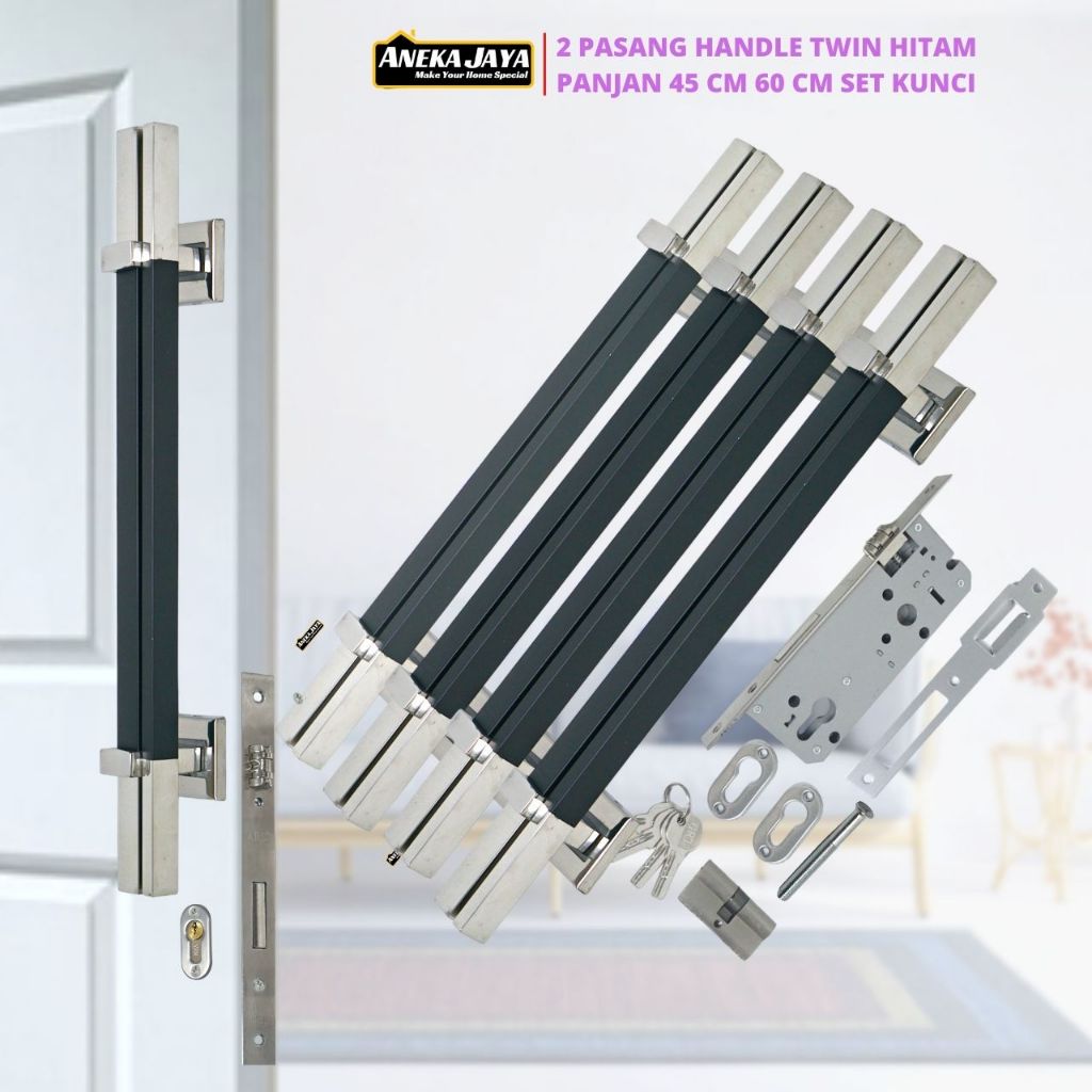 Paket Gagang Pintu Rumah Set Kunci Panjang 45  60  cm - Tipe Twin Hitam Stainlees Handle Bukaan Dua 