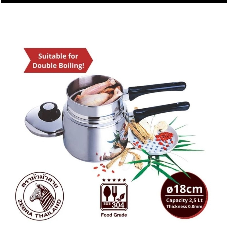 Zebra Steaming Pot 18 Cm ( 173318 ) / Panci Tim Double Boiler Stainless Steel / Panci Kukus Pot Zebr