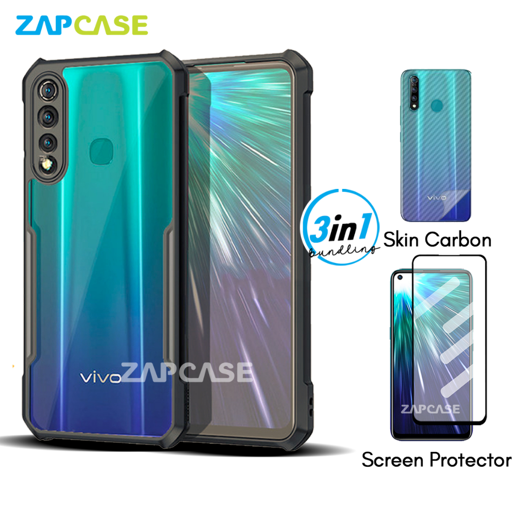 3in1 Case Vivo Z1 Pro Armor Fushion Casing Free Tempered Glass dan Skin Carbon