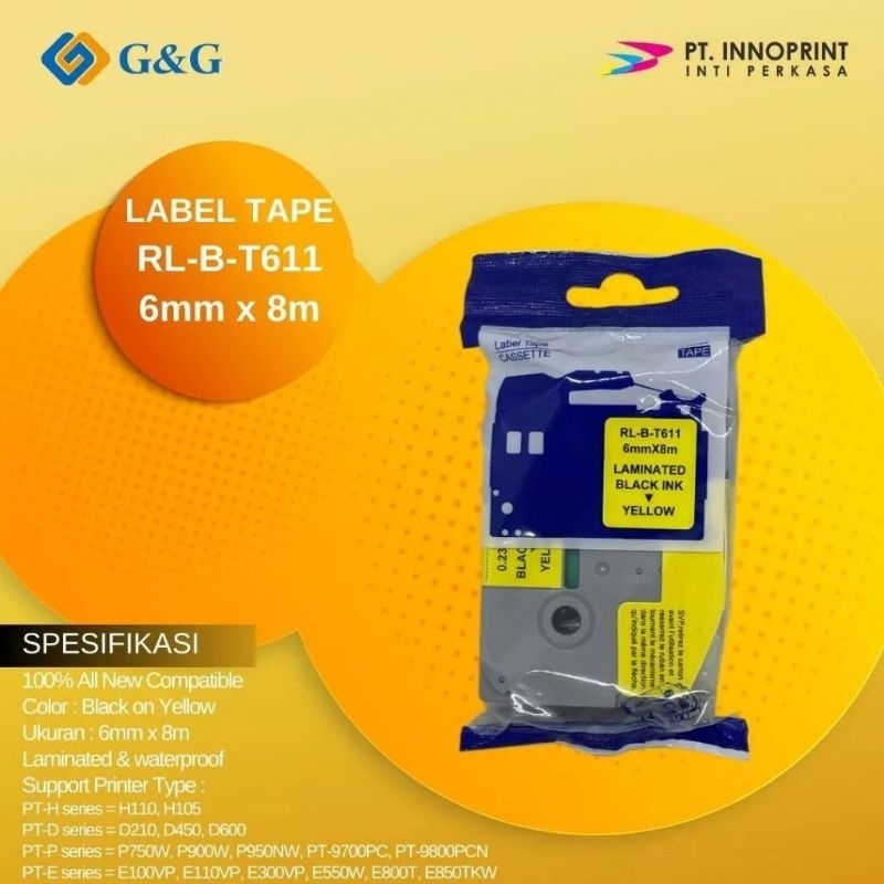 

Label tape G&G for Brother Label Tape TZE-611 6mm x 8m Black on Yellow TZE611