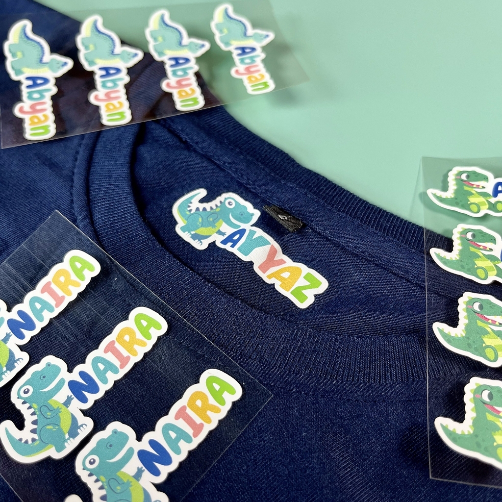 

Label nama baju setrika bentuk sesuai nama,gambar variatif dengan bahan poliyflex lebih tahan lama