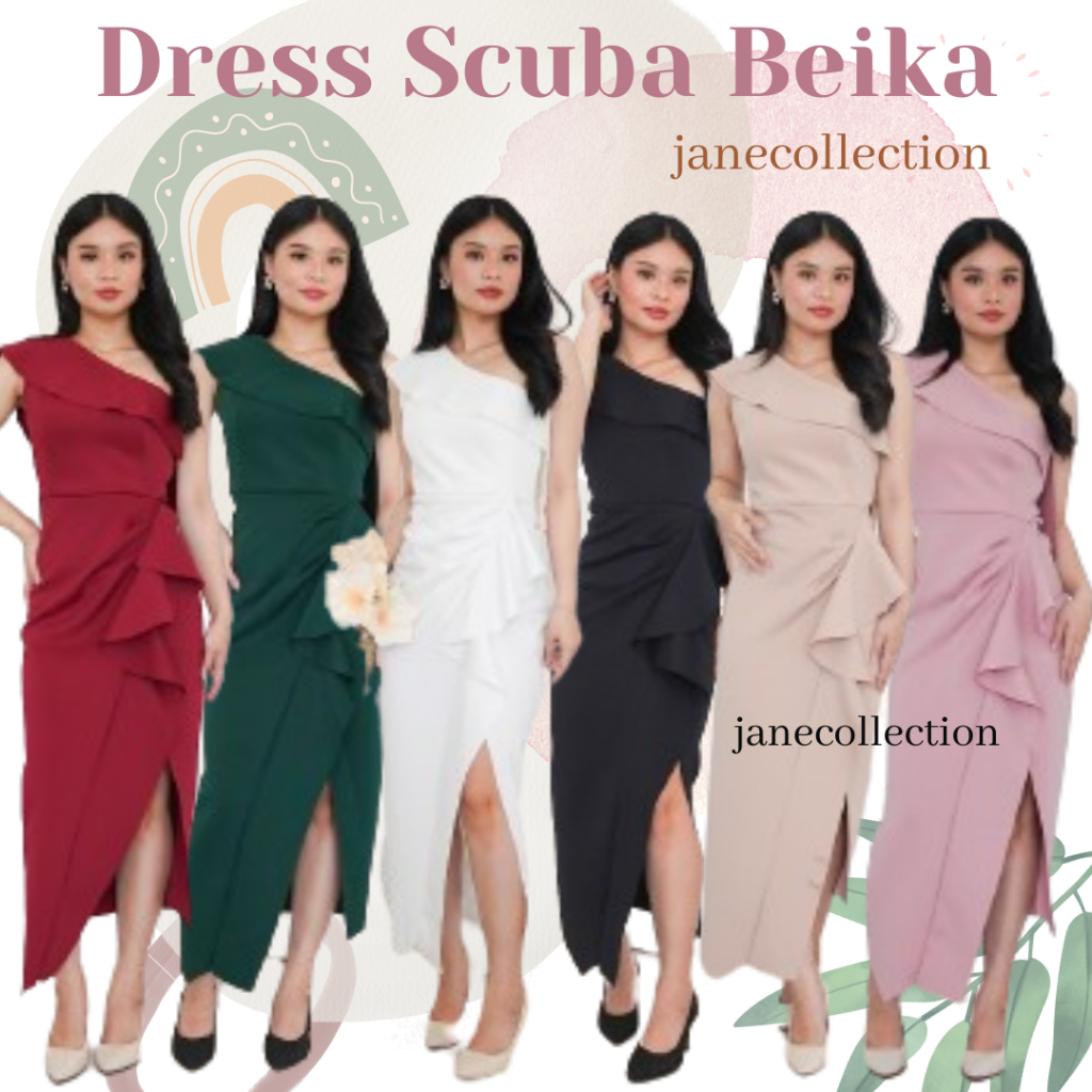 JANE COLLECTION || Maxi Dress Wanita Hitam Casual Scuba Baju Pesta Kondangan Putih Polos Bodycon Sli