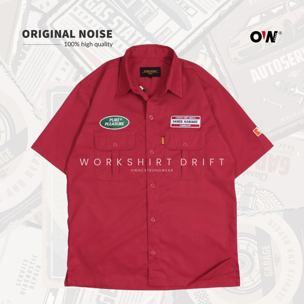Ownc x Noise - Kemeja Workshirt Maroon Pria Wanita Motoran Nongkrong Bengkel
