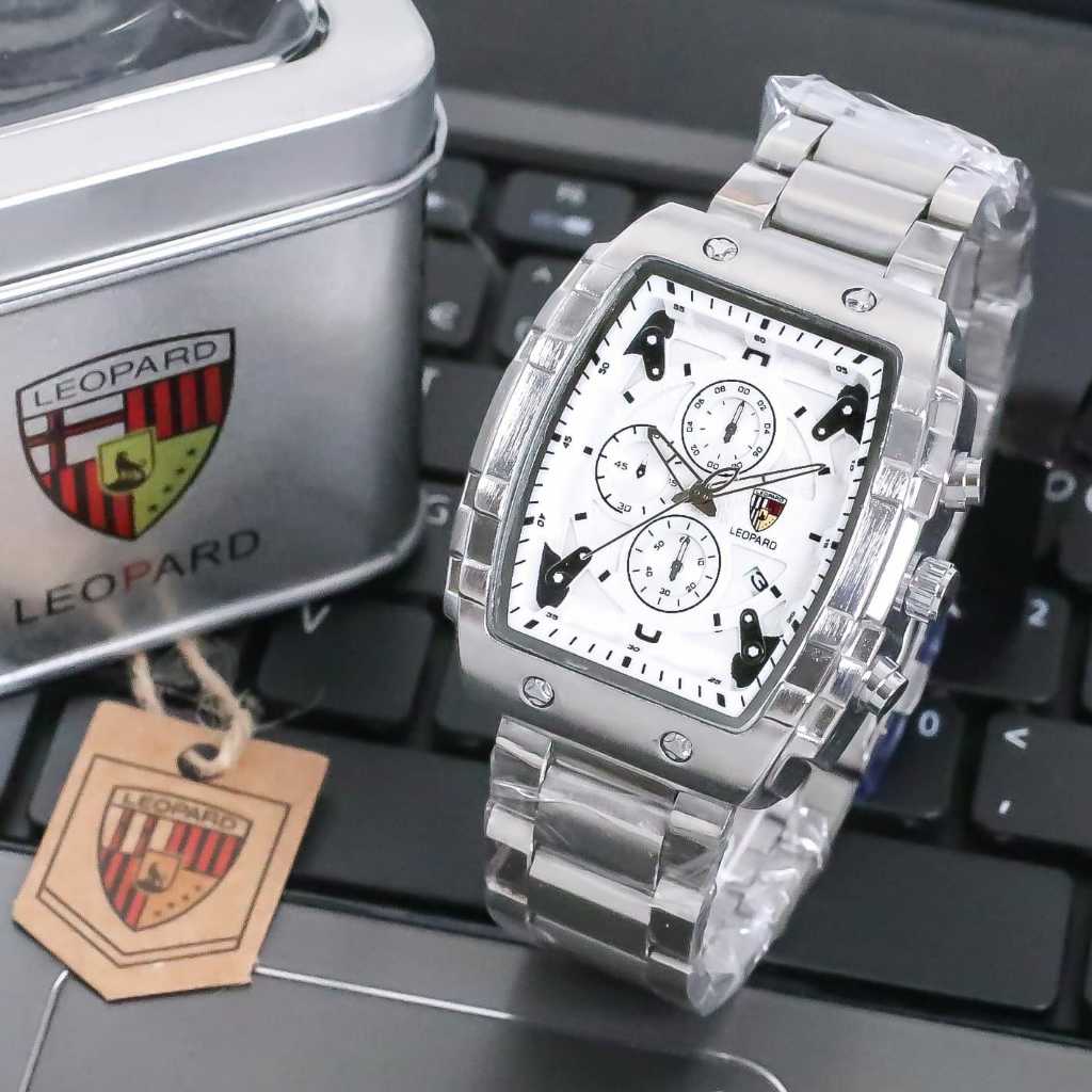COD Jam Tangan Pria Leopard-8018 Original Tali Rantai Body Segi Chrono Variasi Tanggal Aktif Box Exc