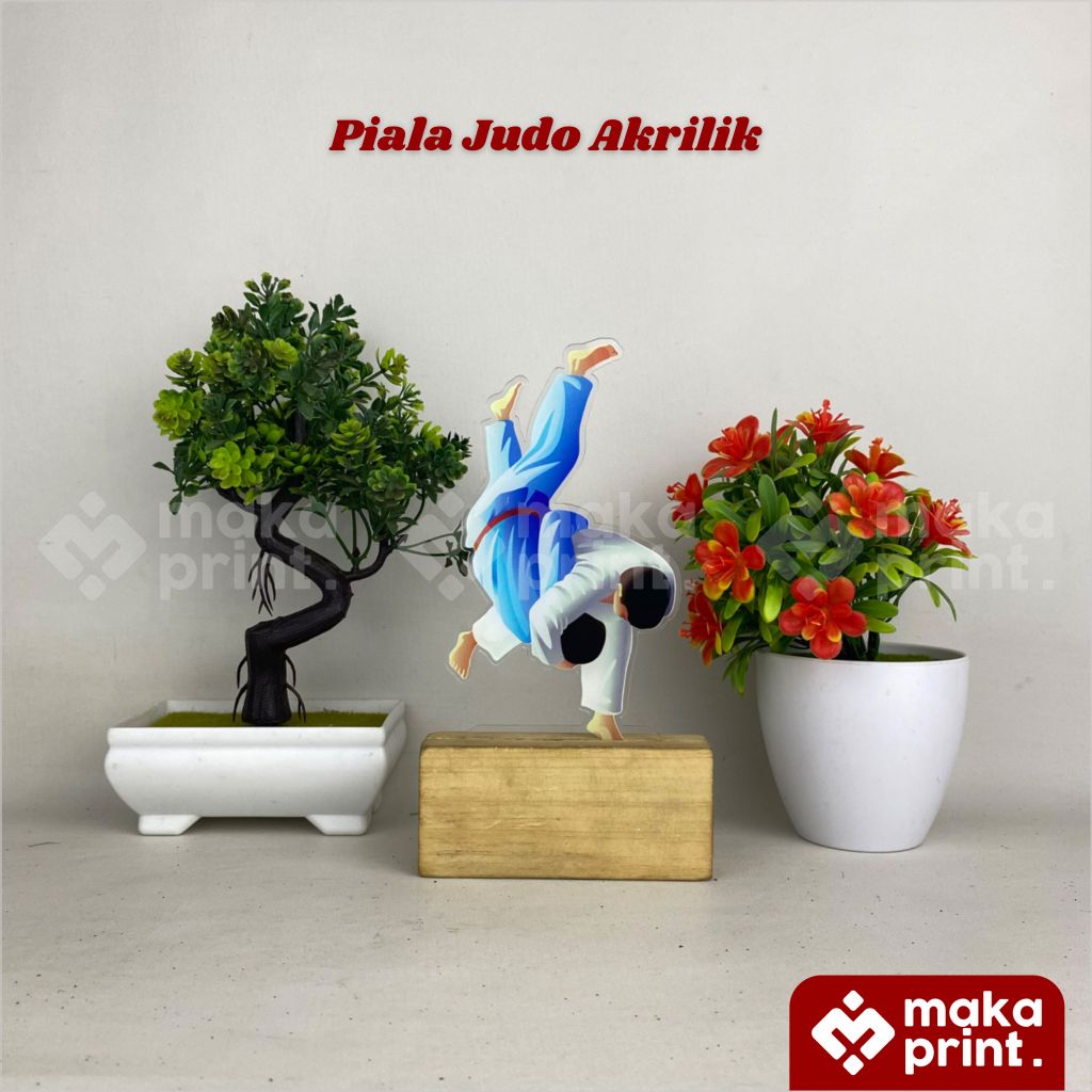 Piala Akrilik Beladiri (Judo) Print UV Tatakan Kayu Free Stiker Nama - Plakat Beladiri - Piala Kejua